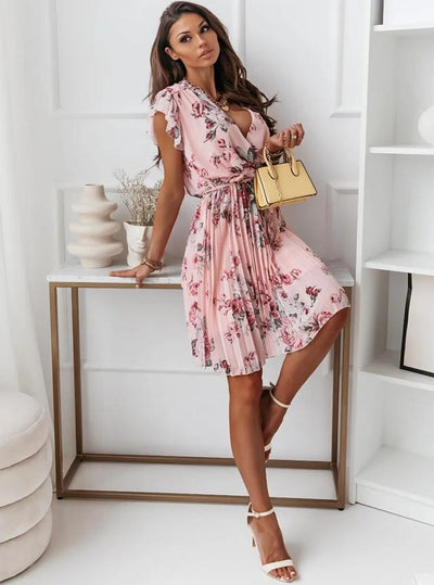 Abito Corto Elegante da Donna – Vestito Floreale a Portafoglio con Cintura