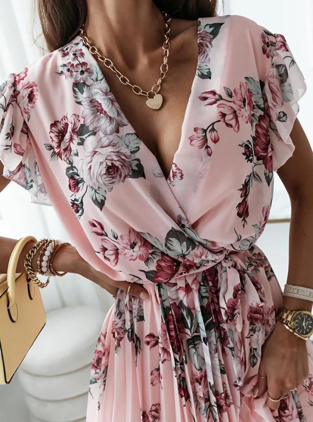 Abito Corto Elegante da Donna – Vestito Floreale a Portafoglio con Cintura