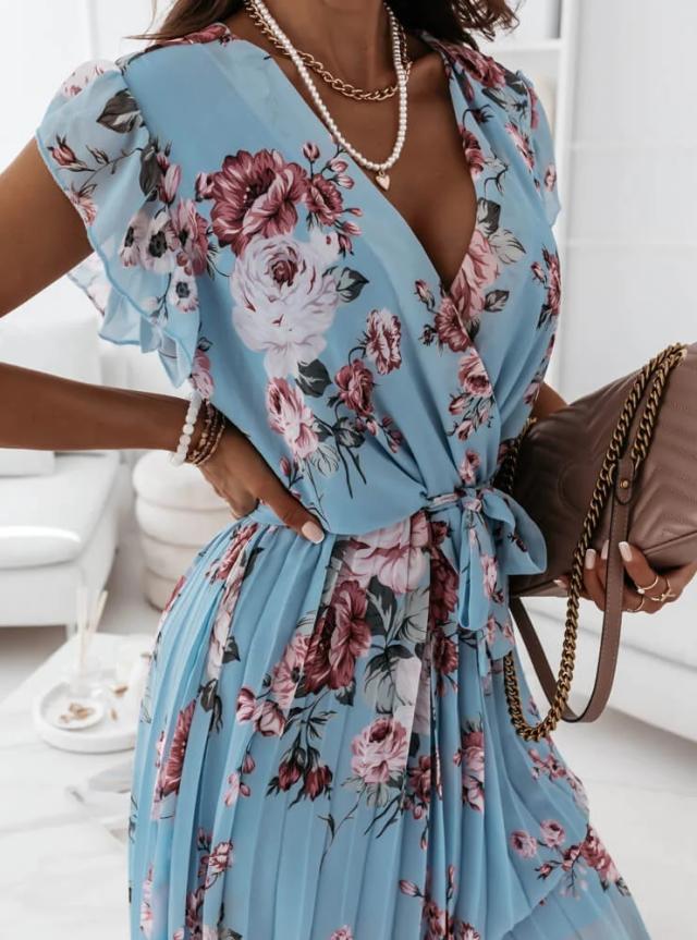 Abito Corto Elegante da Donna – Vestito Floreale a Portafoglio con Cintura