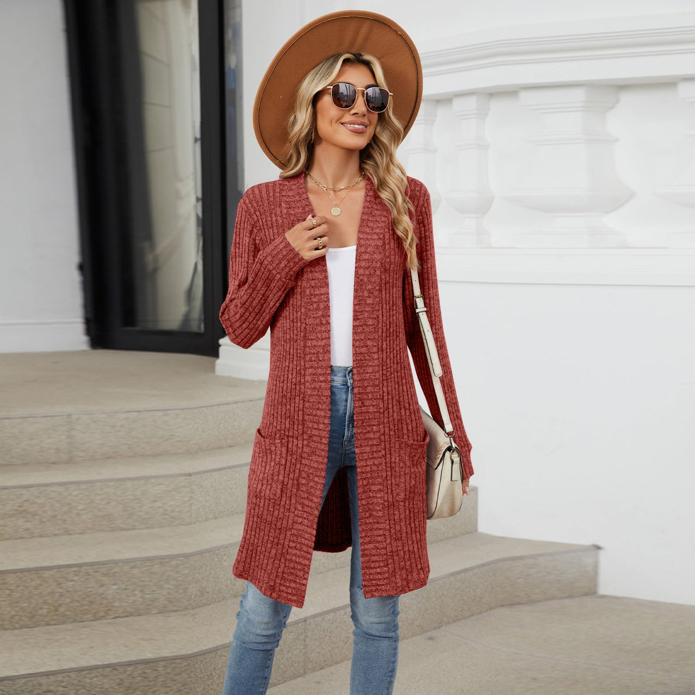 Cardigan Elegante Donna Lungo Chiaro – Maglia Morbida a Coste con Tasche