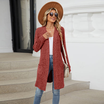 Cardigan Elegante Donna Lungo Chiaro – Maglia Morbida a Coste con Tasche
