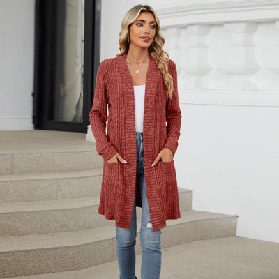 Cardigan Elegante Donna Lungo Chiaro – Maglia Morbida a Coste con Tasche