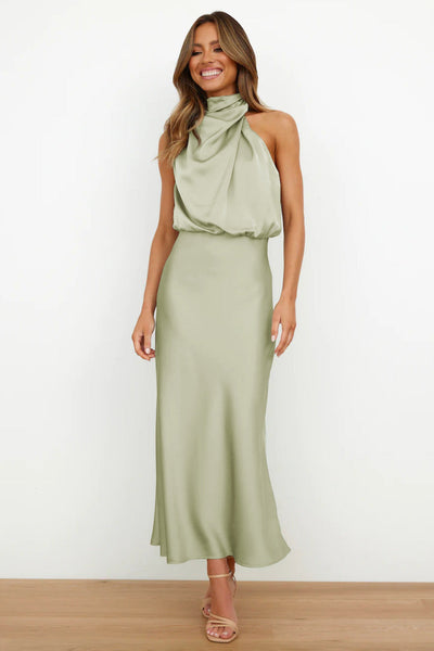 Dress Lungo in Satin con Collo Drappeggiato