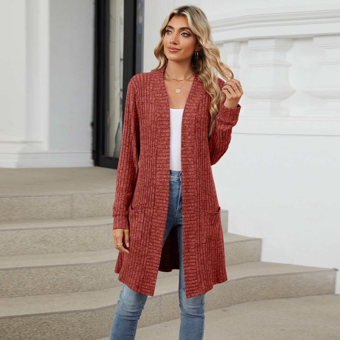 Cardigan Elegante Donna Lungo Chiaro – Maglia Morbida a Coste con Tasche