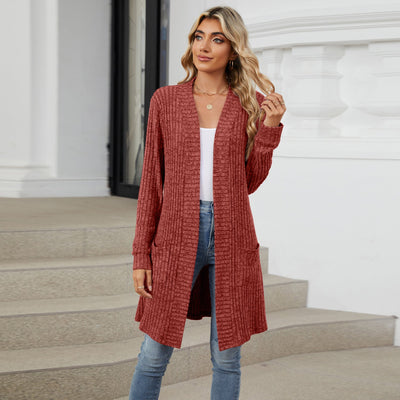 Cardigan Elegante Donna Lungo Chiaro – Maglia Morbida a Coste con Tasche