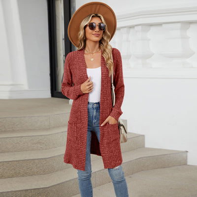 Cardigan Elegante Donna Lungo Chiaro – Maglia Morbida a Coste con Tasche