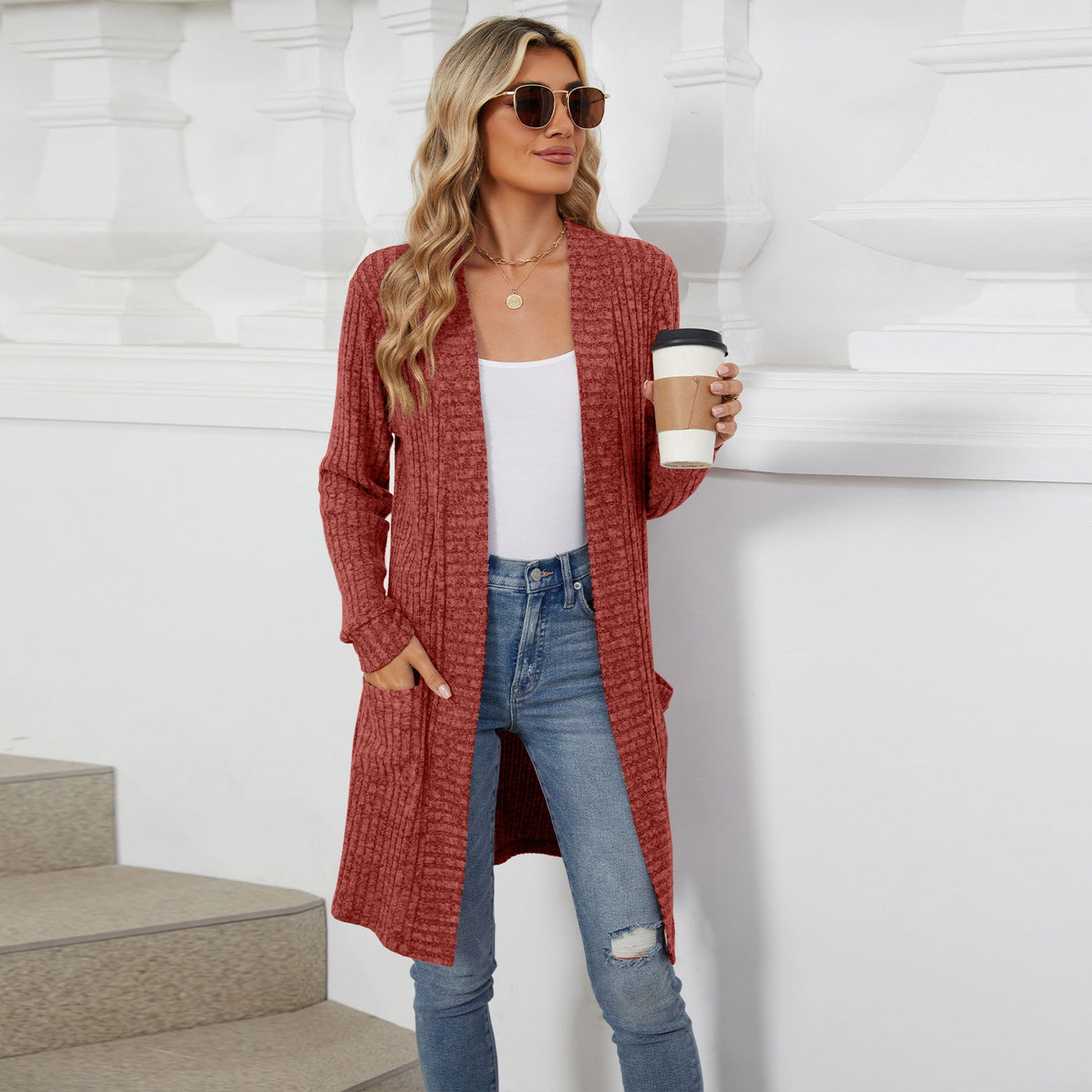 Cardigan Elegante Donna Lungo Chiaro – Maglia Morbida a Coste con Tasche