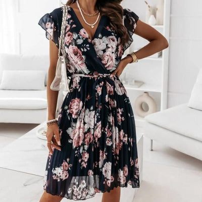 Abito Corto Elegante da Donna – Vestito Floreale a Portafoglio con Cintura