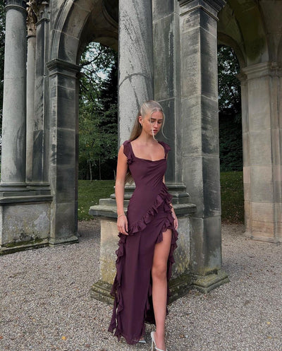 Abito Lungo Giorgia in Chiffon con Volant e Spacco
