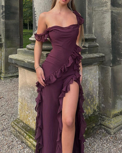 Abito Lungo Giorgia in Chiffon con Volant e Spacco