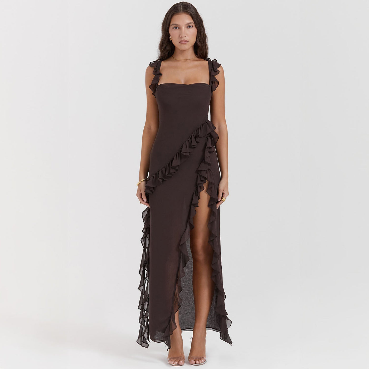 Abito Lungo Giorgia in Chiffon con Volant e Spacco