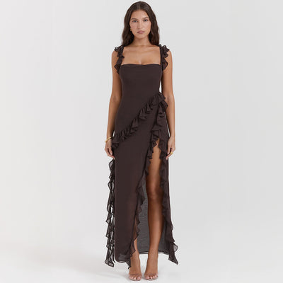 Abito Lungo Giorgia in Chiffon con Volant e Spacco