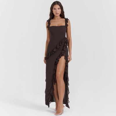 Abito Lungo Giorgia in Chiffon con Volant e Spacco