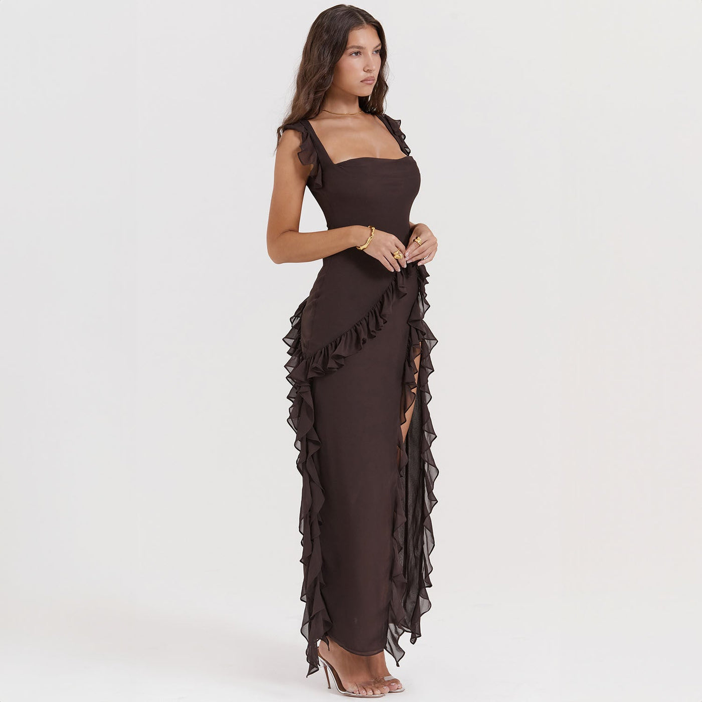 Abito Lungo Giorgia in Chiffon con Volant e Spacco