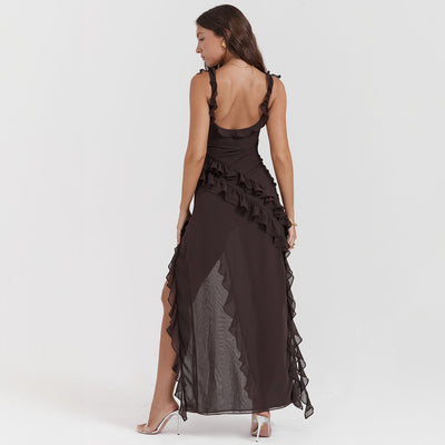Abito Lungo Giorgia in Chiffon con Volant e Spacco