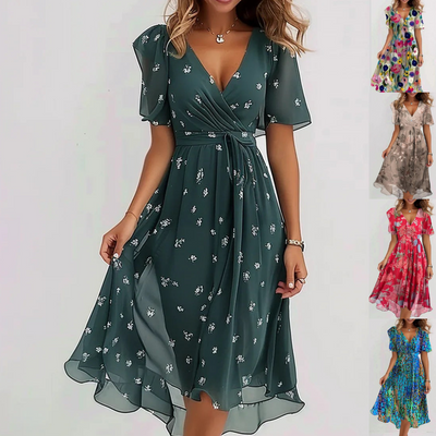 Lilia – Elegante Vestito Midi da Cerimonia con Maniche Corte e Gonna Svasata