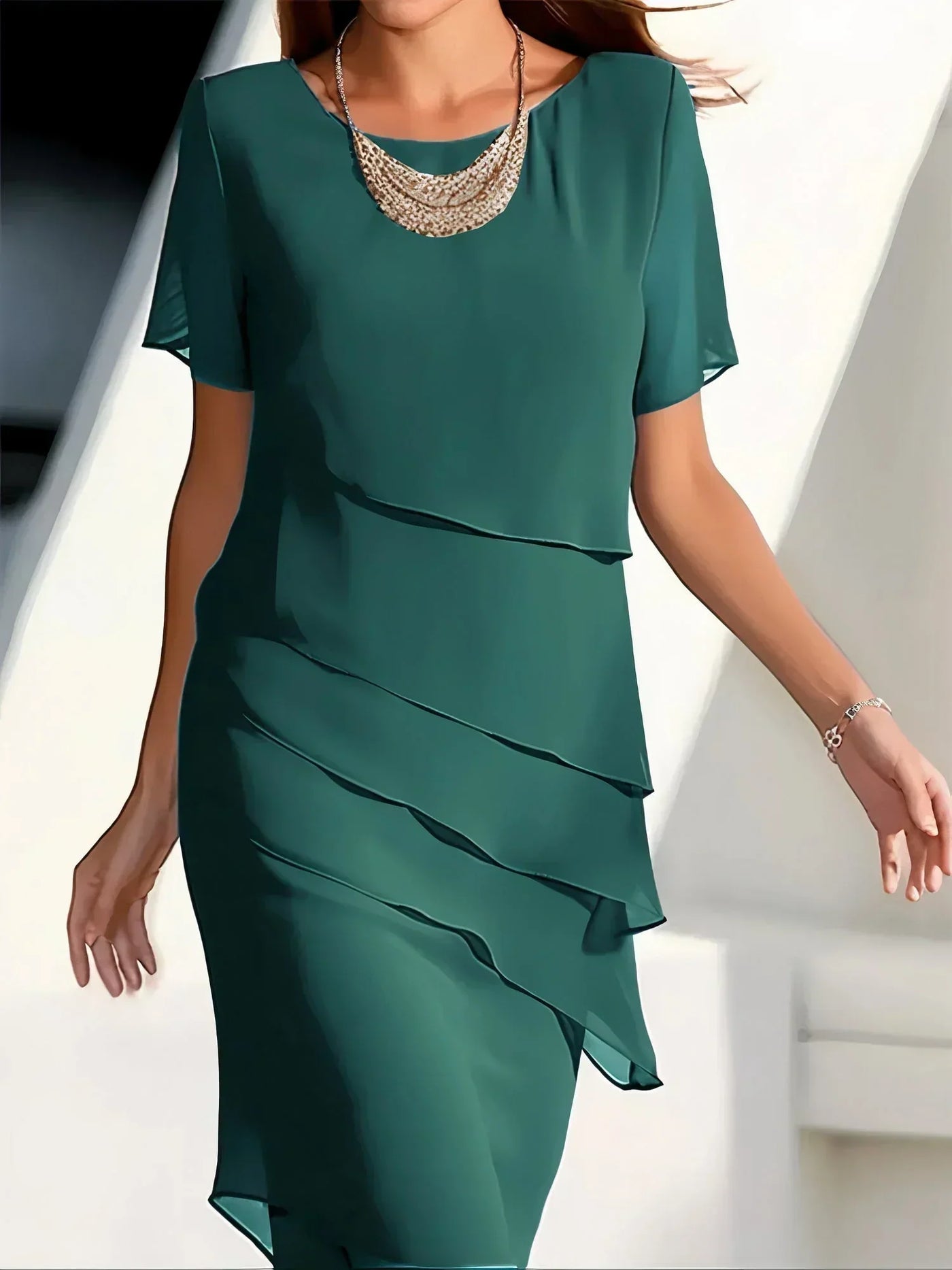 Abito Midi Elegante in Chiffon Leggero a Strati