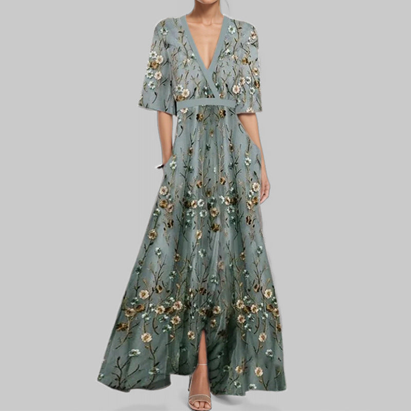 Abito Lungo Elegante con Stampa e Scollo a V