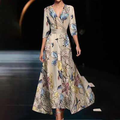 Abito Lungo Elegante con Stampa e Scollo a V