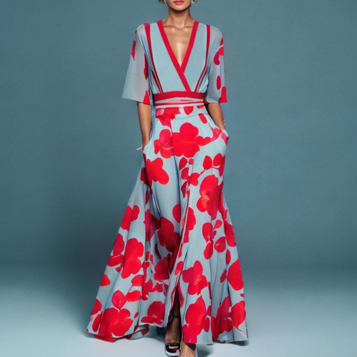 Andrea – Elegante Vestito Lungo Stampato con Scollo a V
