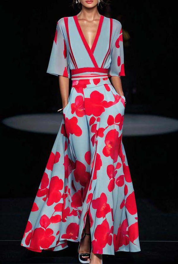 Andrea – Elegante Vestito Lungo Stampato con Scollo a V
