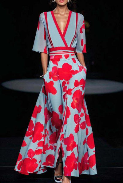 Andrea – Elegante Vestito Lungo Stampato con Scollo a V