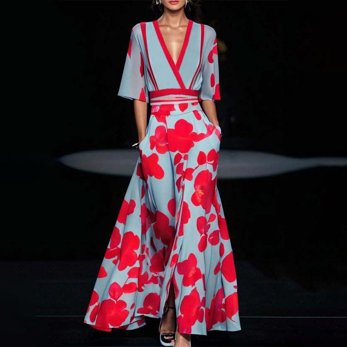 Andrea – Elegante Vestito Lungo Stampato con Scollo a V