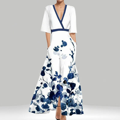 Abito Lungo Elegante con Stampa e Scollo a V