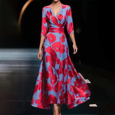 Abito Lungo Elegante con Stampa e Scollo a V