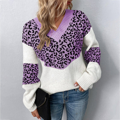 Elegante Maglione Donna con Motivo Leopardato – Scollo a V e Tessuto Morbido