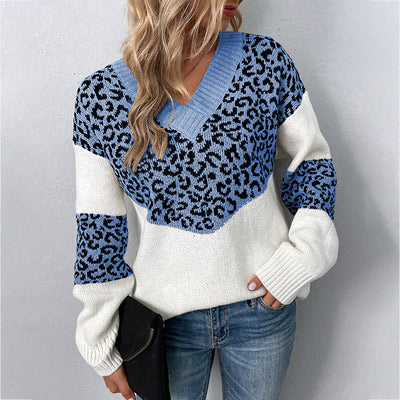 Elegante Maglione Donna con Motivo Leopardato – Scollo a V e Tessuto Morbido