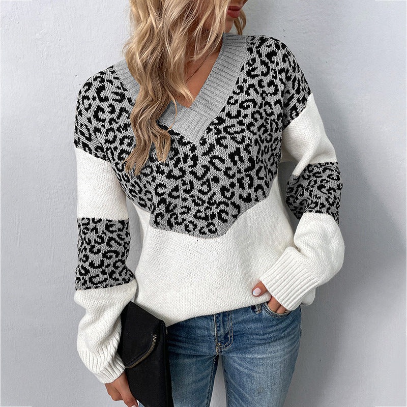 Elegante Maglione Donna con Motivo Leopardato – Scollo a V e Tessuto Morbido