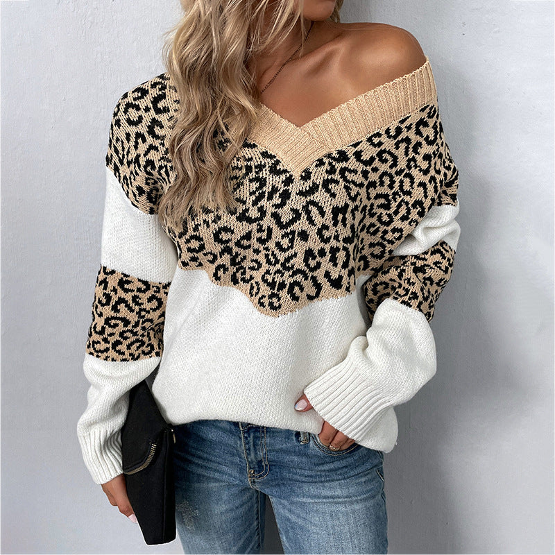 Elegante Maglione Donna con Motivo Leopardato – Scollo a V e Tessuto Morbido