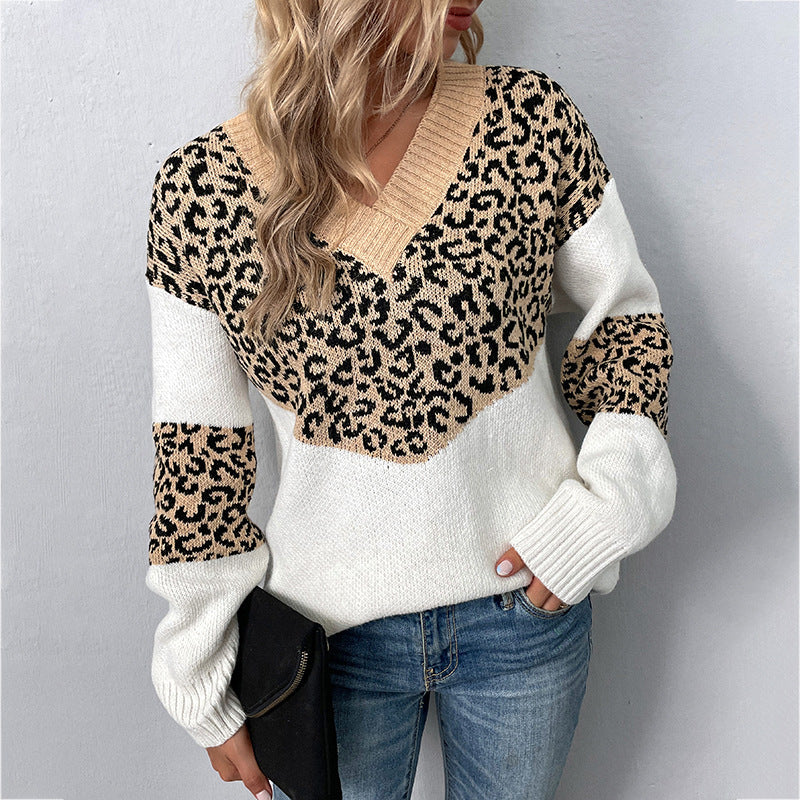 Elegante Maglione Donna con Motivo Leopardato – Scollo a V e Tessuto Morbido