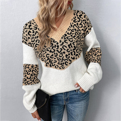 Elegante Maglione Donna con Motivo Leopardato – Scollo a V e Tessuto Morbido