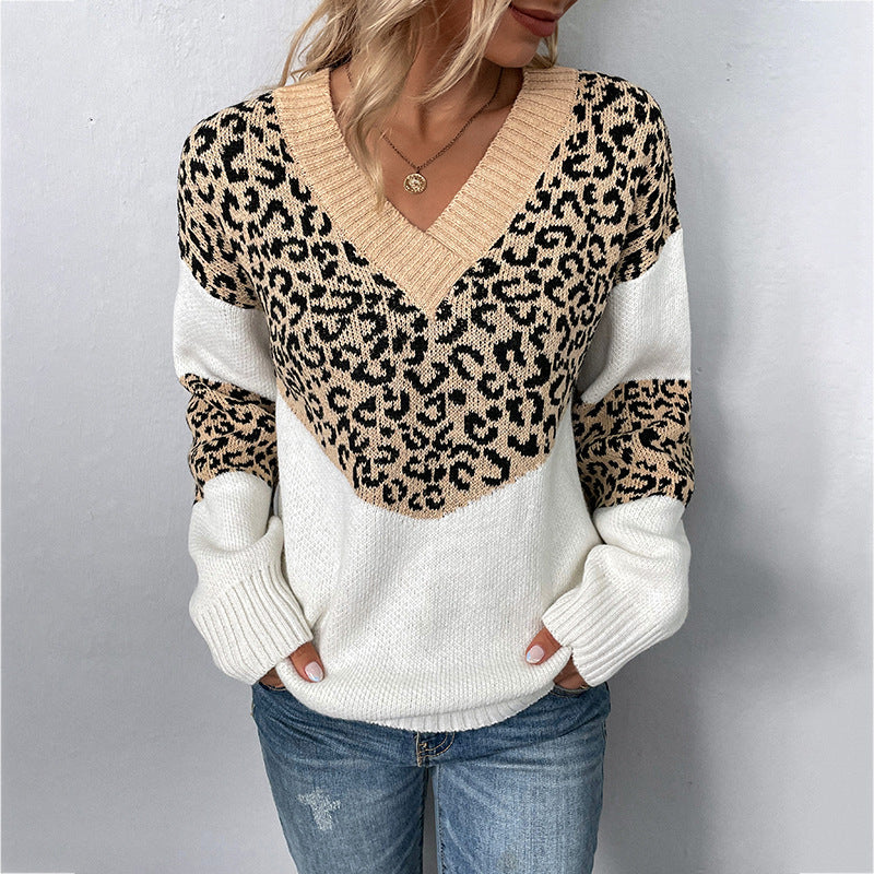 Elegante Maglione Donna con Motivo Leopardato – Scollo a V e Tessuto Morbido