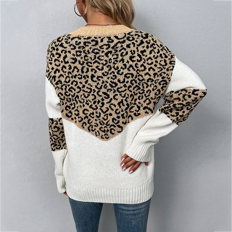 Elegante Maglione Donna con Motivo Leopardato – Scollo a V e Tessuto Morbido