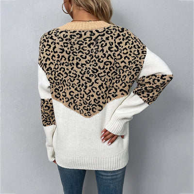 Elegante Maglione Donna con Motivo Leopardato – Scollo a V e Tessuto Morbido
