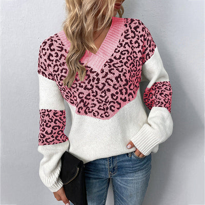 Elegante Maglione Donna con Motivo Leopardato – Scollo a V e Tessuto Morbido