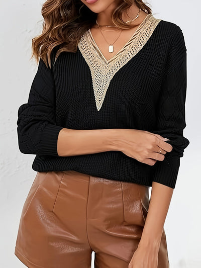 Elena: Maglione Elegante da Donna con Scollo a V in Pizzo e Maniche Trasparenti