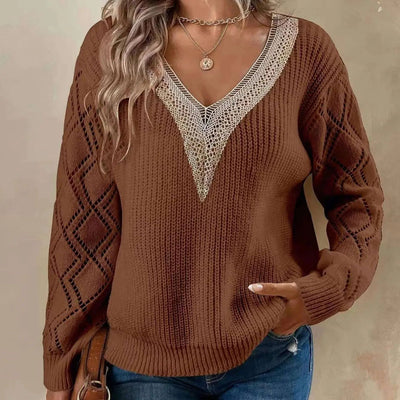 Elena: Maglione Elegante da Donna con Scollo a V in Pizzo e Maniche Trasparenti