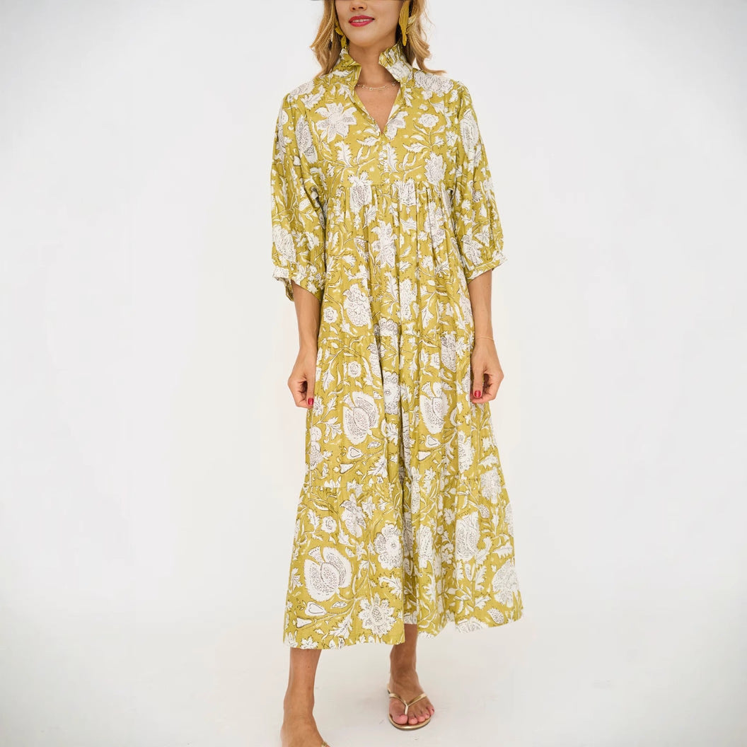 Abito Estivo Lungo da Donna – Vestito Floreale con Colletto, Maniche 3/4 e Vestibilità Ampia