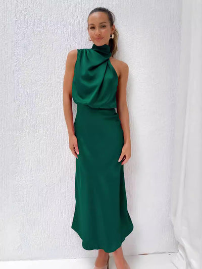 Dress Lungo in Satin con Collo Drappeggiato