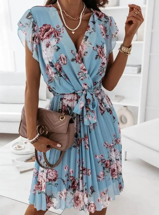 Abito Corto Elegante da Donna – Vestito Floreale a Portafoglio con Cintura