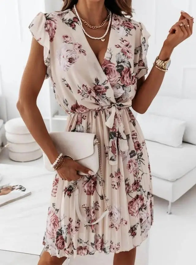 Abito Corto Elegante da Donna – Vestito Floreale a Portafoglio con Cintura