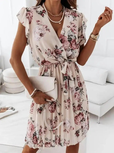 Abito Corto Elegante da Donna – Vestito Floreale a Portafoglio con Cintura