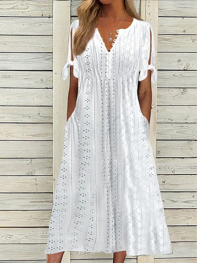 Abito Estivo Donna in Pizzo Sangallo – Midi con Tasche e Scollo a V