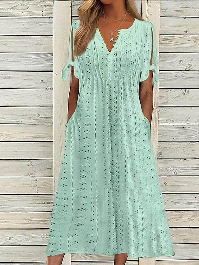 Abito Estivo Donna in Pizzo Sangallo – Midi con Tasche e Scollo a V