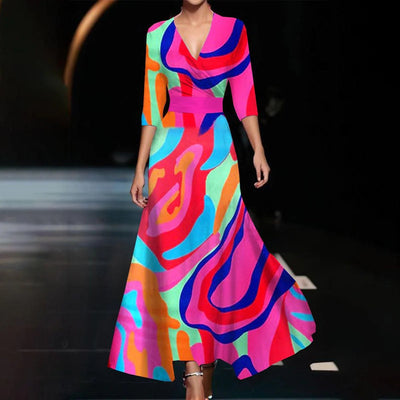 Abito Lungo Elegante con Stampa e Scollo a V