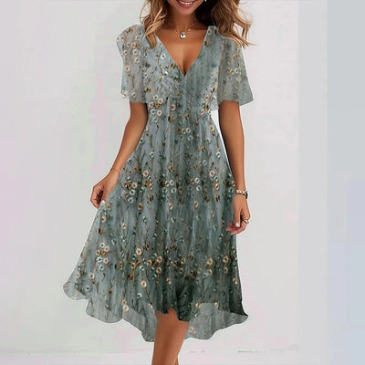 Lilia – Elegante Vestito Midi da Cerimonia con Maniche Corte e Gonna Svasata